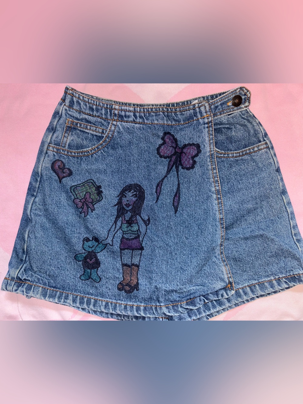 One Of A Kind Vintage 90's Blue Denim Skort With Hand Drawn Original Art
